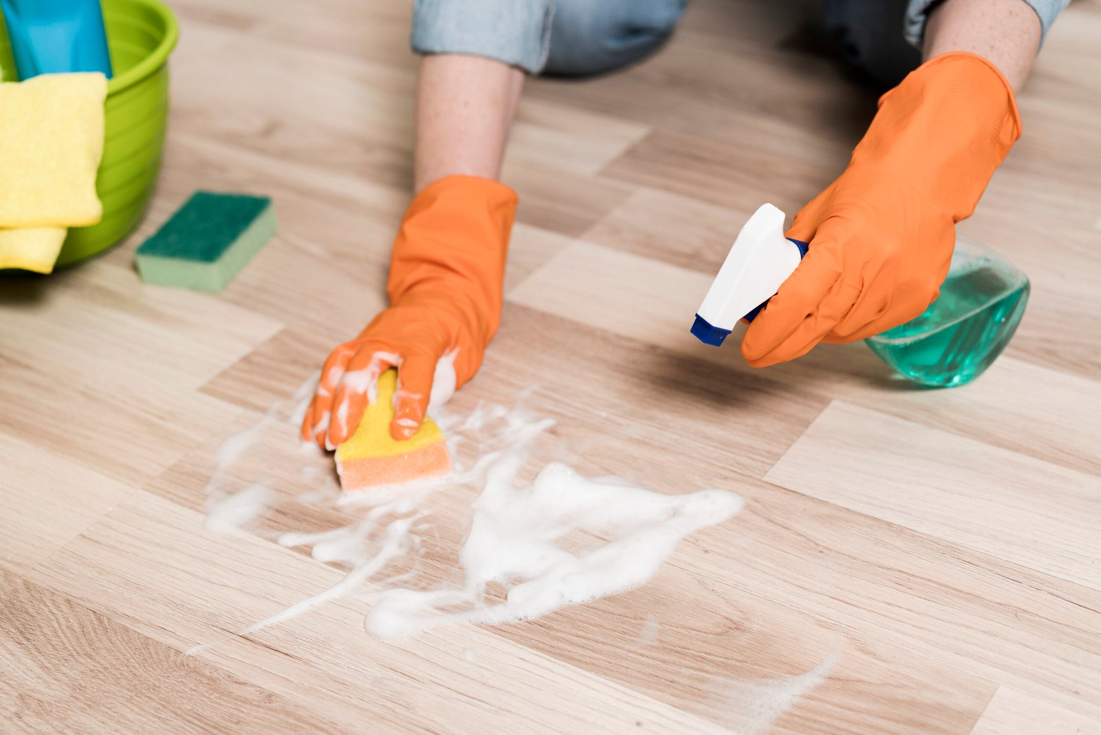 high angle woman cleaning floors scaled